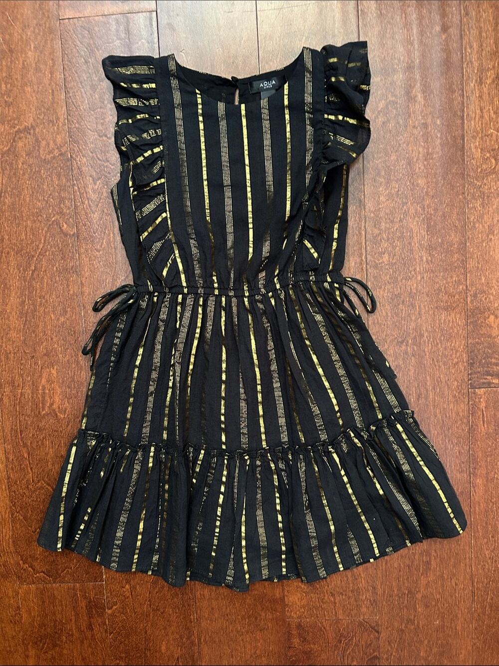 Aqua Kids Black Dress with Gold Striped Accents and Ruffle Sleeves, Size S (7-8)